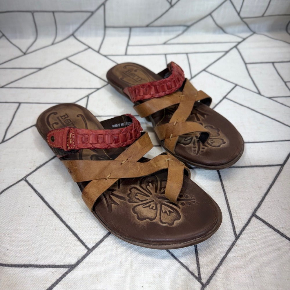 Born‎ Leather Slide Sandals Size 9 Brown Red Braided Strappy Flat D28116